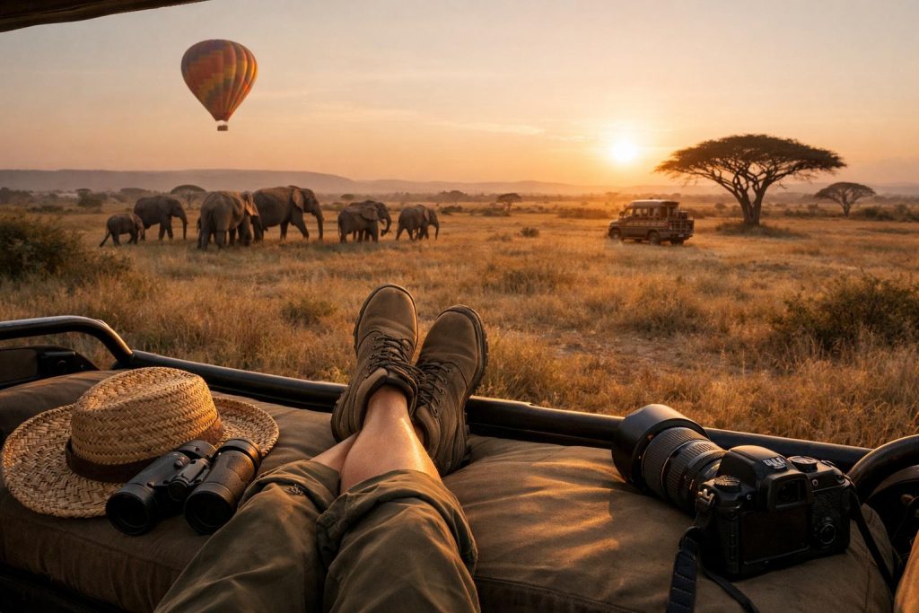 Safari Land Cruiser with a pop-up roof watching elephants in Amboseli with Mount Kilimanjaro behind. Swap in a description that matches your actual image.